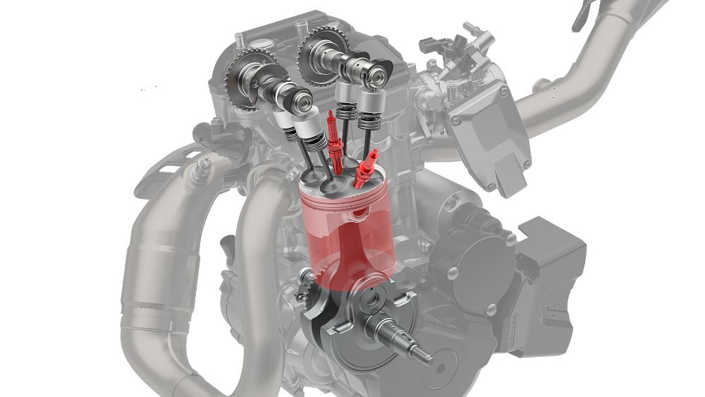 2025 Suzuki DRZ4S engine CAD drawing showing dual spark plugs.