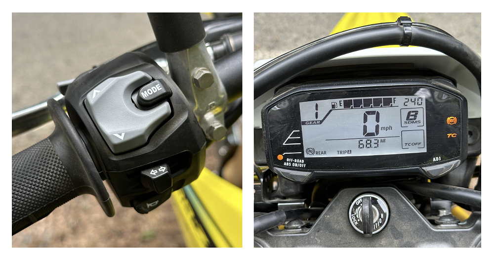 2025 Suzuki DR-Z4S handlebar controls and LCD dash unit.