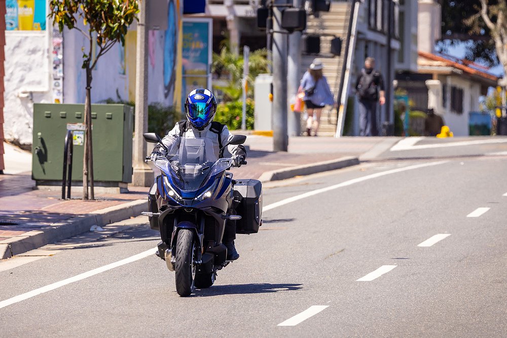 Dustin rides the NT1100 DCT through Downtown Carlsbad.