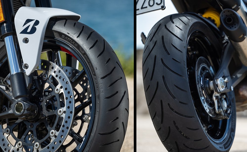 close views of the front and rear tires showing tread pattern