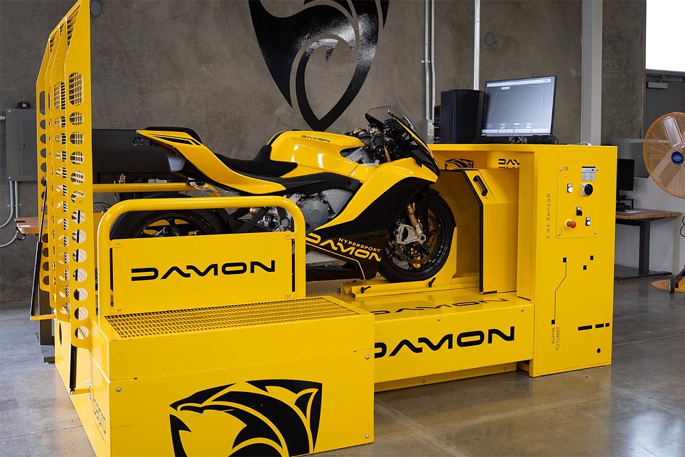 A Damon Hypersport prototype mounted on a test dyno machine in Damon headquarters.