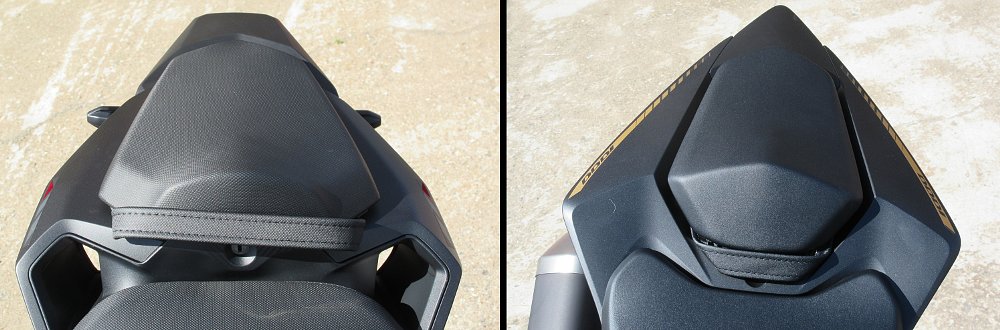 two photos showing the passenger seats on the CB750 Hornet and the CB1000 Hornet SP