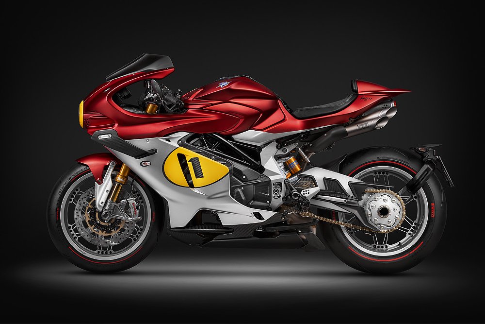The MV Agusta Superveloce 1000 Ago pictured in front of a black background.