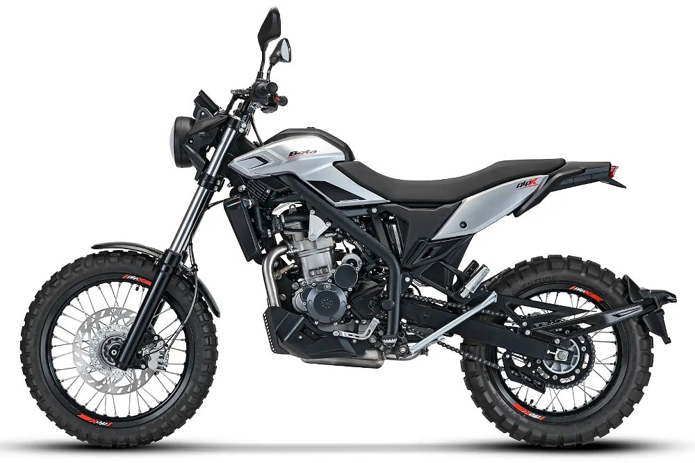 studio photo of the light gray and black Beta Alp X dual-sport motorcycle