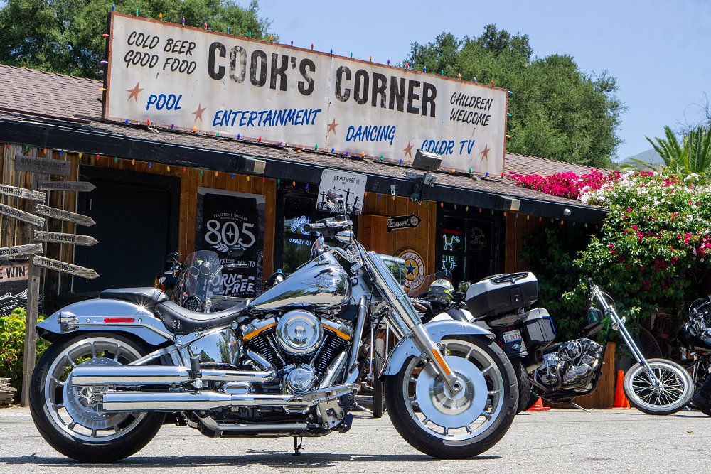 The Fat Boy Gray Ghost parked in front of the Cook's Corner bar in Trabuco Canyon, California.