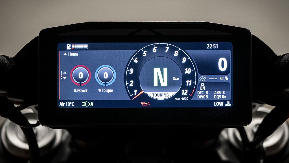 A close-up of the XDiavel V4's 6.9-inch TFT display.