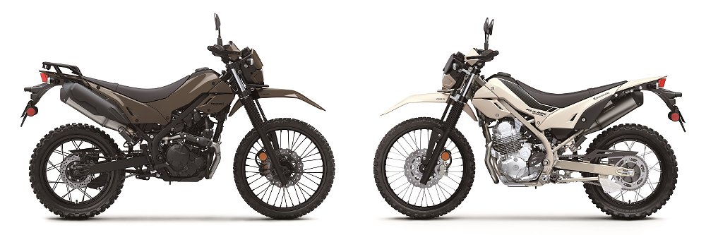 The Kawasaki KLX230 DF and KLX230 Sherpa S staged wheel to wheel against a white background.