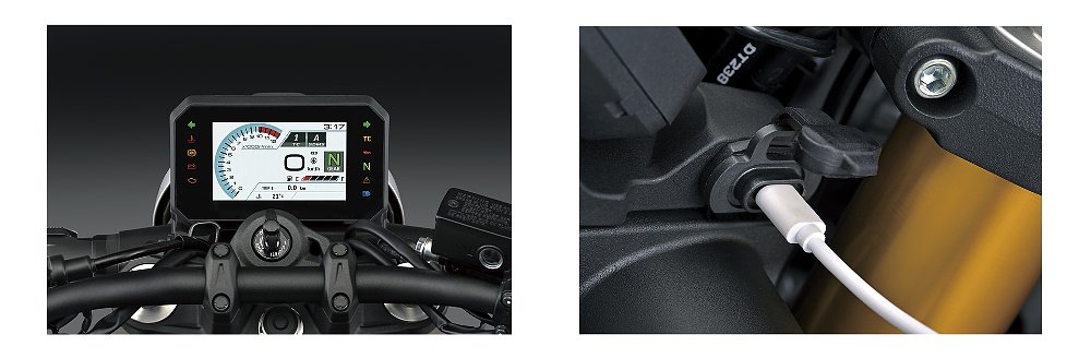 view of the digital display and USB charger on the dash of the GSX-8T