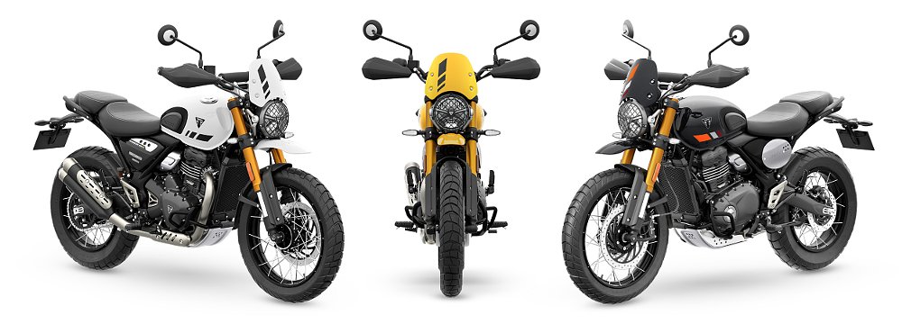 The Triumph Scrambler 400 XC in Vanilla White, Racing Yellow, and Storm Grey.