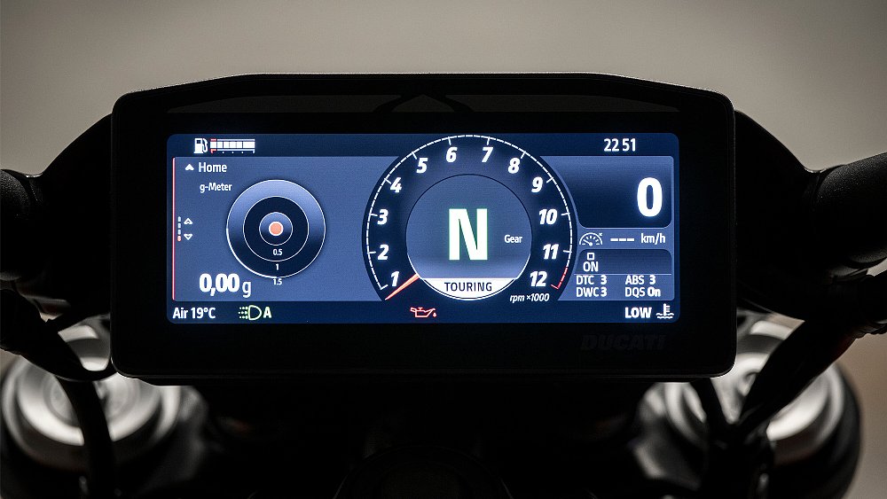 A close-up of the Ducati XDiavel V4's 6.9-inch TFT display.