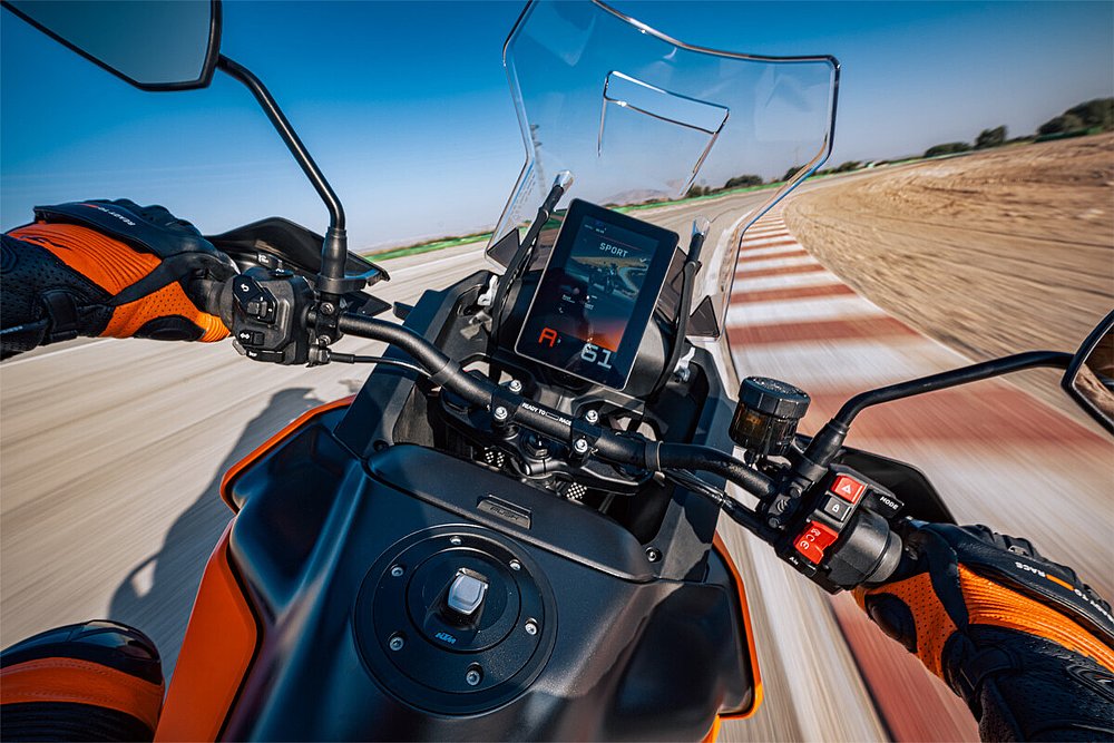 A view of the KTM's new V80 display from the 1390 Super Adventure R's cockpit.