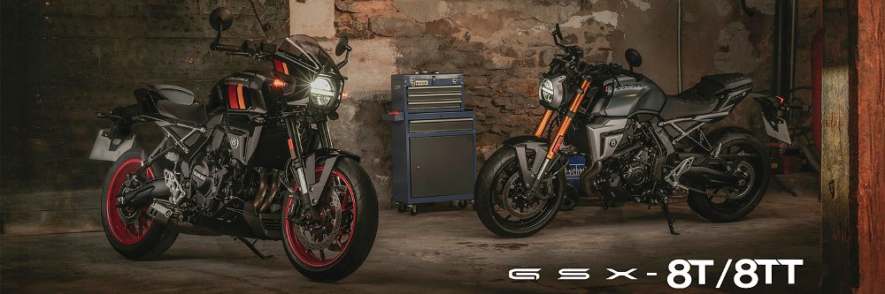 The GSX-8T and GSX-8TT staged in a garage.