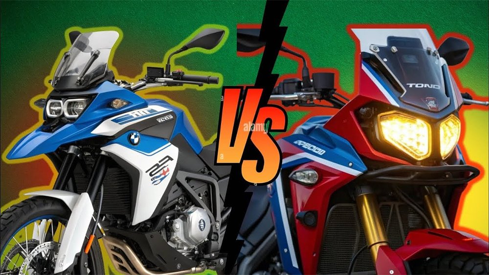 A YouTube thumbnail pitting the BMW F 450 GS against the made-up Honda Africa Twin 650.