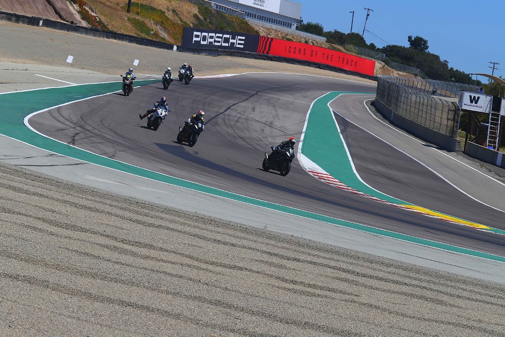 Motorcycles navigate Turn 2 at Laguna Seca Raceway in Monterey, California.