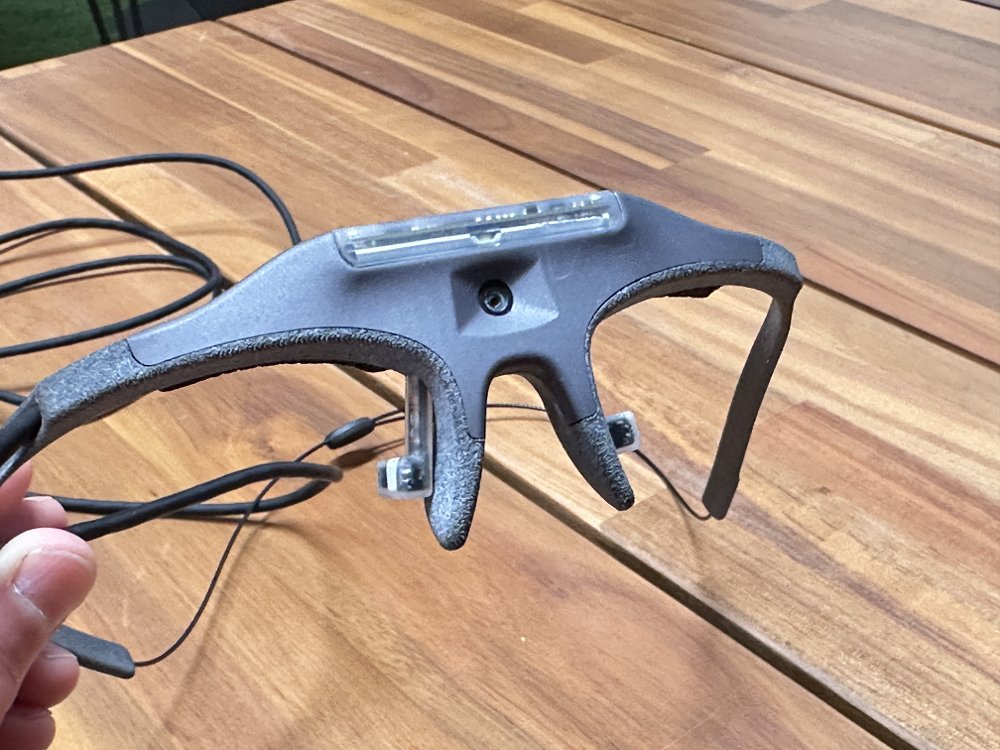 Detail image of eye-tracking glasses, which record where a person's eyes are looking.