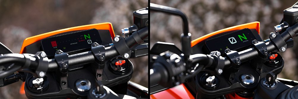 Dual views of the 390 Enduro R's 4.2-inch TFT display.