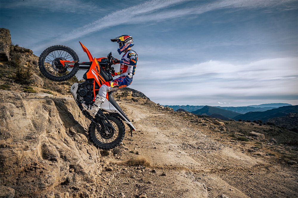 Red Bull KTM rider Josep Garcia jumping a rock face aboard the 390 Enduro R.