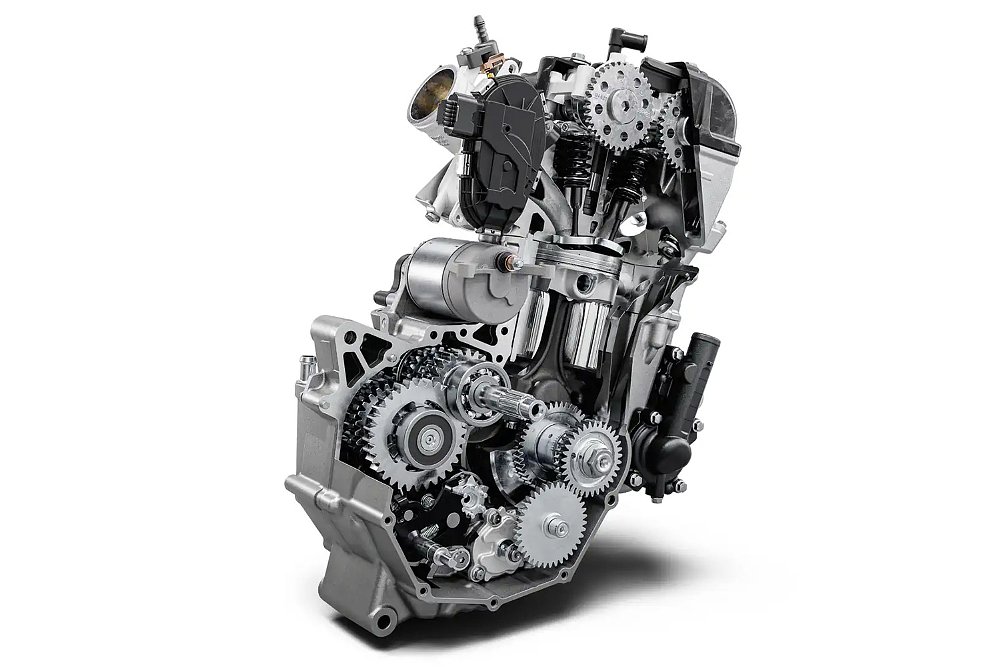 A cutaway view of KTM's LC4c single-cylinder engine.