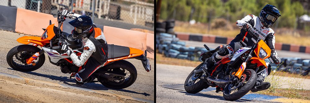 A split image of Dustin riding the SMC R with knee down and foot out body positioning.