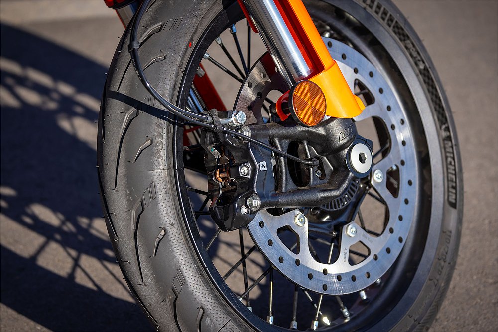 A close-up of the 390 SMC R's Michelin Power 6 tires.