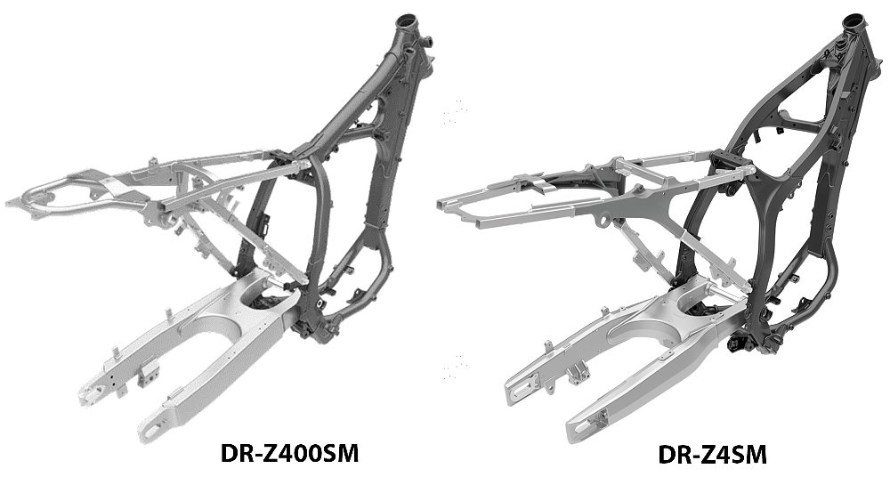 Illustrations of the DR-Z400SM's single backbone steel frame and the DR-Z4SM's twin-spar steel frame.