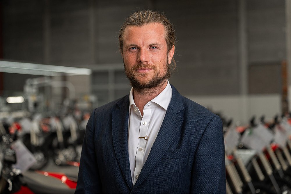 A headshot of Stark Future CEO Anton Wass at the company's Barcelona headquarters.