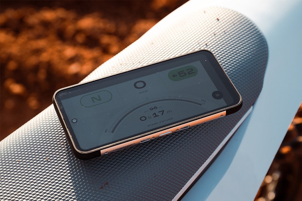 A close-up of Stark Future's Android-powered Arkenstone device.