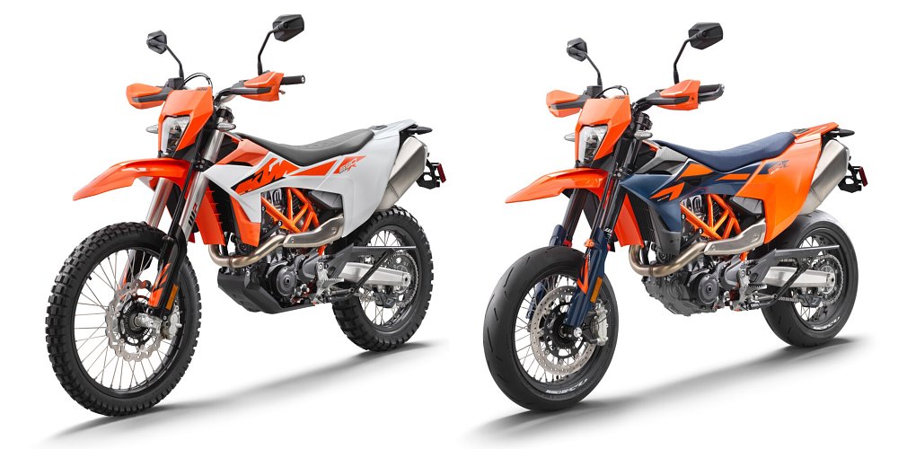 The 2026 KTM 690 Enduro R and 690 SMC R staged against a white backdrop.