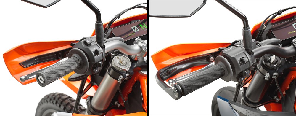 A side-by-side comparison of the left switchgears found on the 690 Enduro R and 690 SMC R.