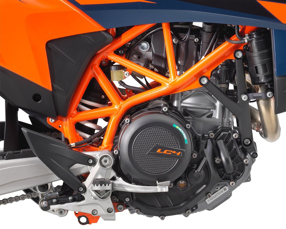 A close-up of the 2026 KTM 690 SMC R's 693 cc LC4 single-cylinder engine.