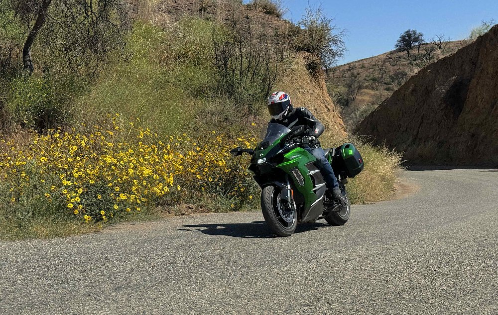 A Kawasaki H2 SX SE riding past yellow flowers on a twisty road.