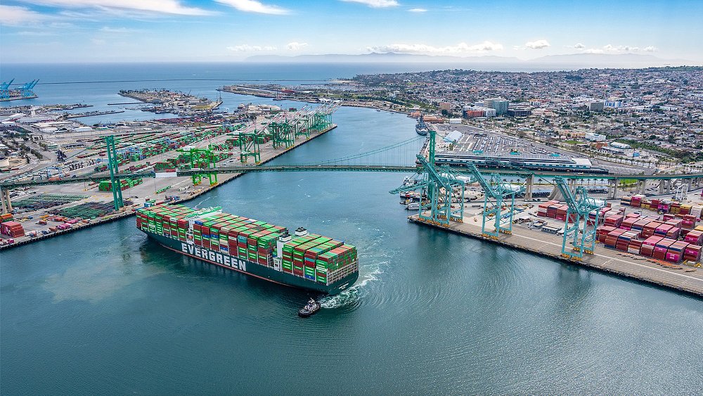 A loaded cargo ship enters the port of Los Angeles in Long Beach, California.