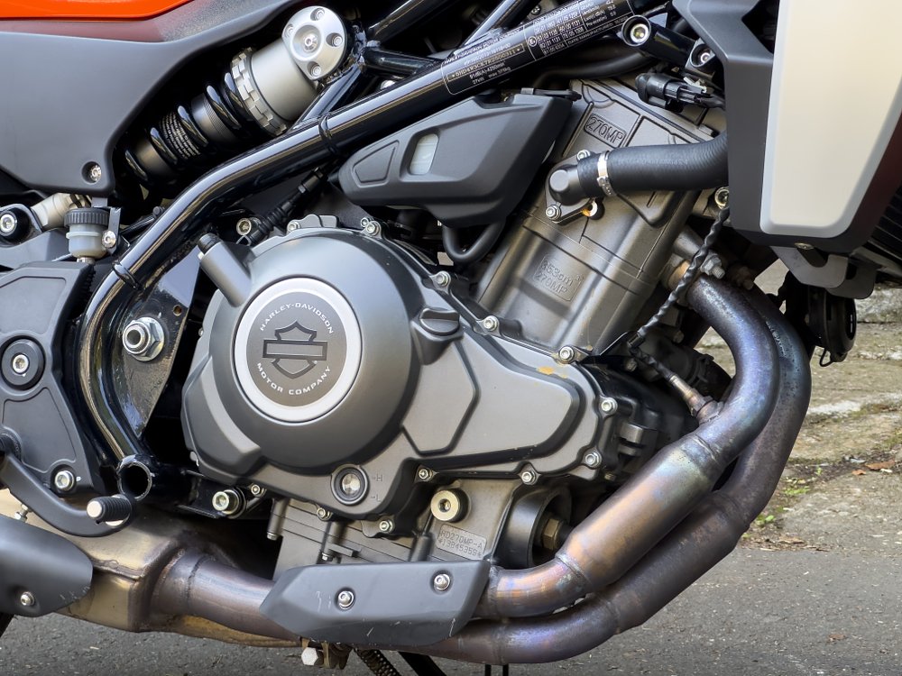 A close-up of the Harley-Davidson X350's 353 cc parallel-twin engine.