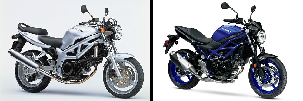 A split-screen image of the 1999 model year and 2026 model year Suzuki SV650.