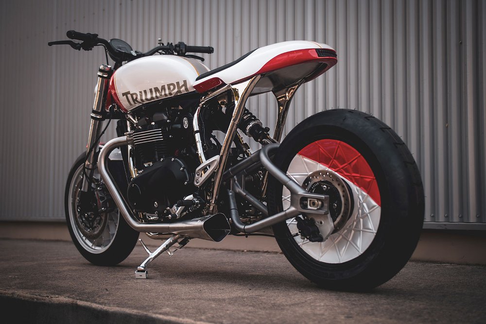 rear angle view showing the hoop swingarm and single shock absorber