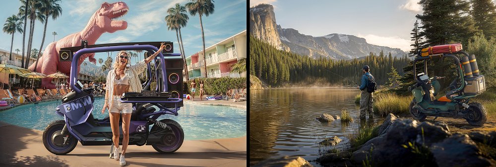 A split image of the BMW Vision CE concept outfitted as a mobile DJ booth and overlanding vehicle.