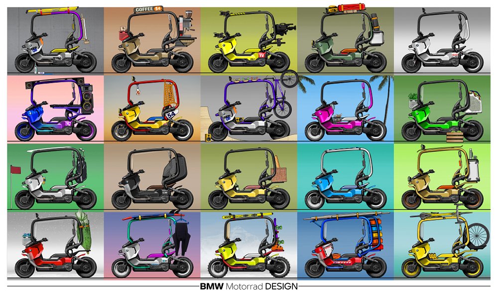 A chart of all the BMW Vision CE variations possible thanks to its modular accessories system.