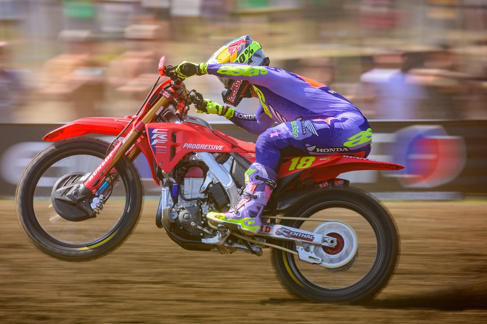 Jett Lawrence at full speed on his Honda motocross bike in a race