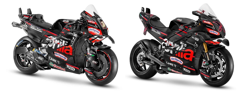 Aprilia's RS-GP25 MotoGP prototype staged alongside the RSV4 X-GP.