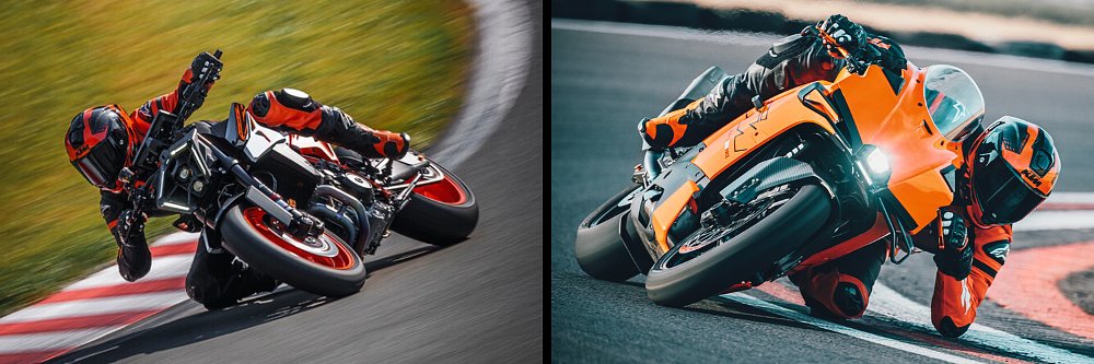Two different riders steer the KTM 990 Duke R and 990 RC R through a corner on track.