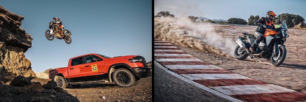 A rider launches the 1390 Super Adventure R over a truck while another kicks up dust on a 1390 Super Adventure S Evo.