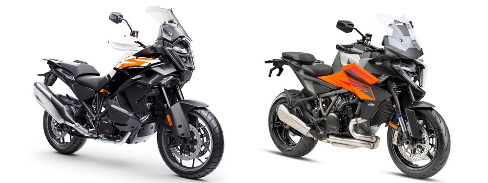 The KTM 1390 Super Adventure S and 1390 Super Duke GT set against a white wall.