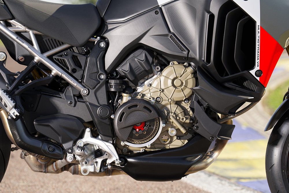 close view of the tightly packaged V-four engine in the Multistrada