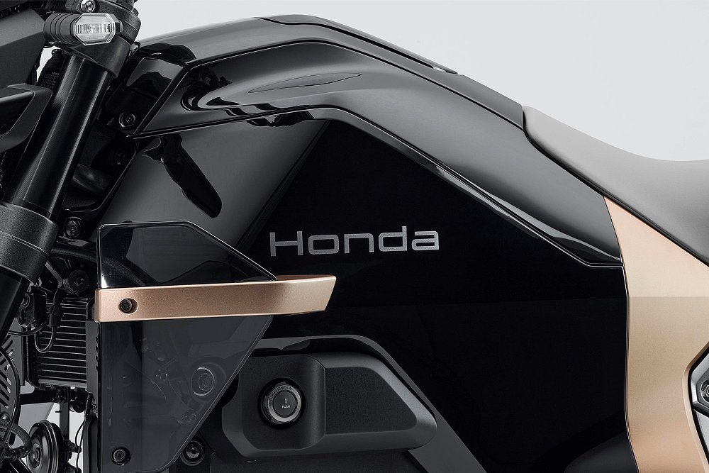 A close-up of the Honda WN7's fuel tank-shaped bodywork.
