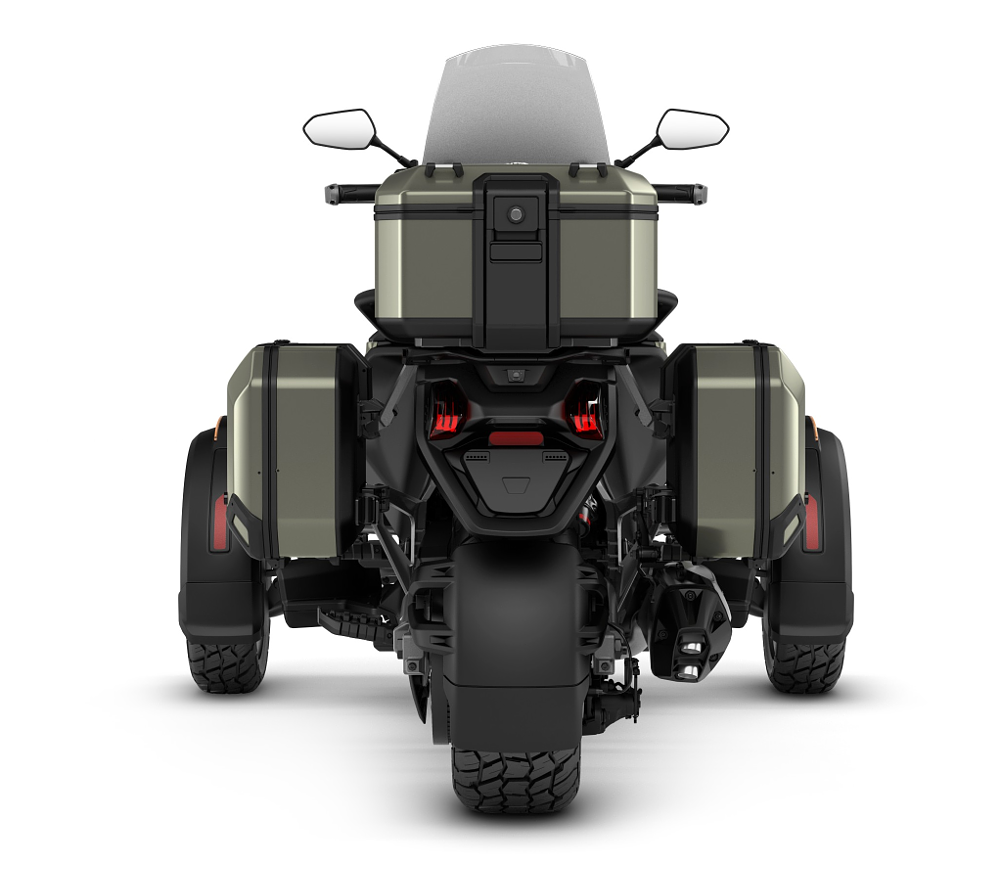 studio photo of the rear view of the Canyon Redrock showing its three-track wide stance