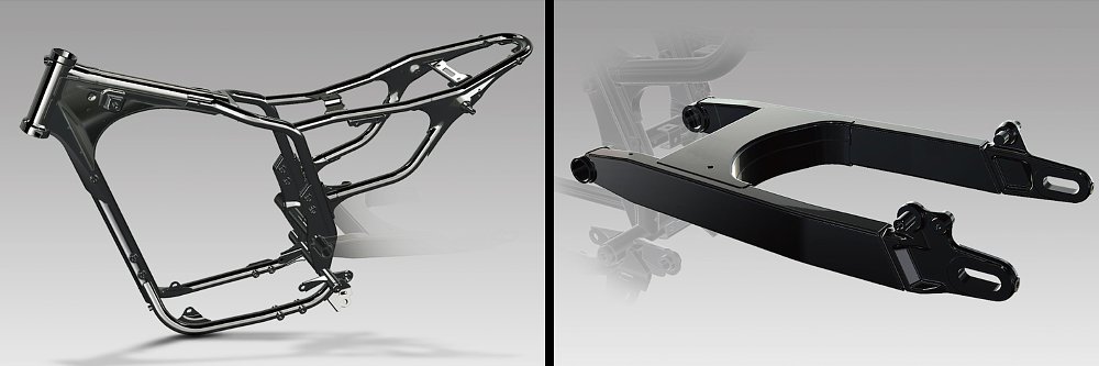 Illustrations of the GB350's steel cradle frame and steel swingarm.