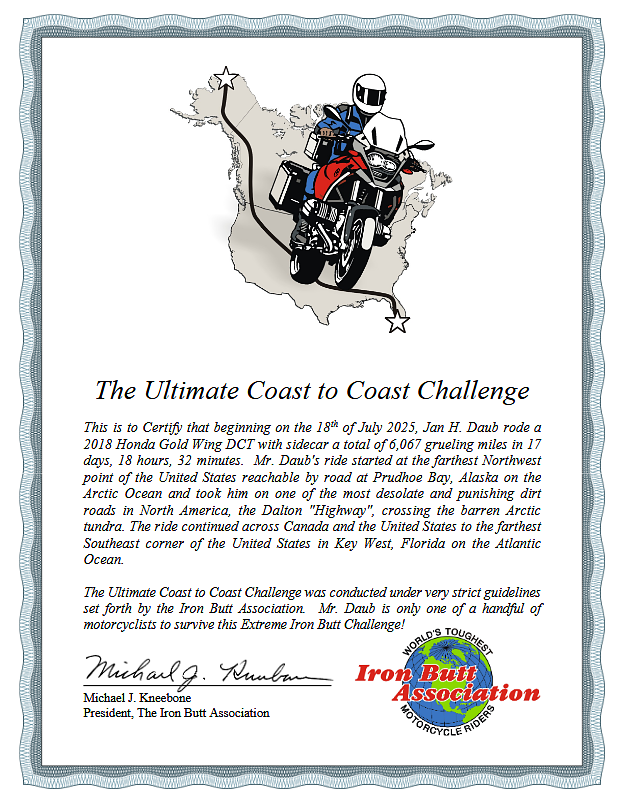 The official Iron Butt Association certificate acknowledging Daub's ride