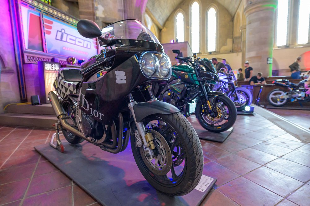 motorcycles on display in the former church