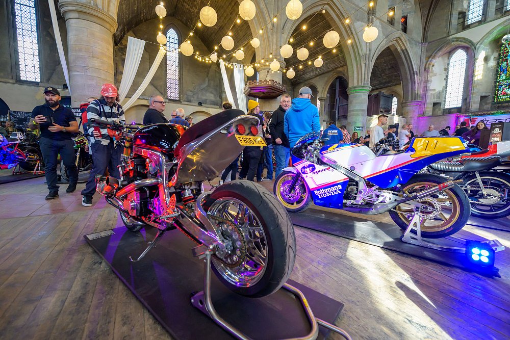 motorcycles on display in the former church