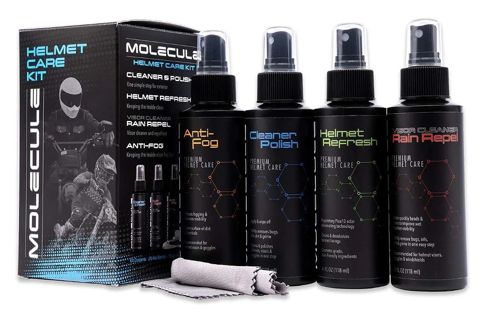 kit with various bottles of cleaning products for helmets